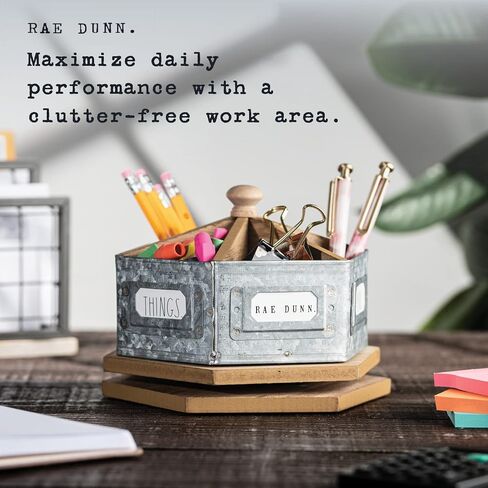 Rae Dunn Pencil Holder Cup - Spinning Metal Pen and Office Supplies 6 Compartment Desktop Organizer Caddy for Office Accessories - Great for Home, School, Classroom, Work - Round Design in Kuwait