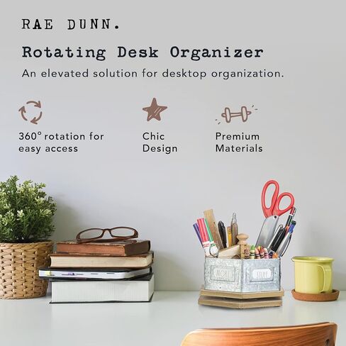 Rae Dunn Pencil Holder Cup - Spinning Metal Pen and Office Supplies 6 Compartment Desktop Organizer Caddy for Office Accessories - Great for Home, School, Classroom, Work - Round Design in Kuwait
