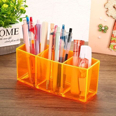 PATIKIL 3 Compartments Clear Acrylic Pen Holder, Pencil Holder Pen Organizer Pencil Cup Makeup Brush Holder for Countertop Desk Accessories, Blue in Saudi Arabia