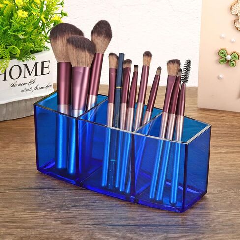 PATIKIL 3 Compartments Clear Acrylic Pen Holder, Pencil Holder Pen Organizer Pencil Cup Makeup Brush Holder for Countertop Desk Accessories, Blue in Saudi Arabia