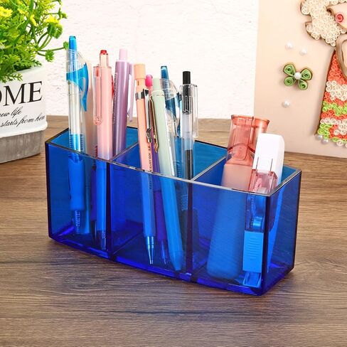 PATIKIL 3 Compartments Clear Acrylic Pen Holder, Pencil Holder Pen Organizer Pencil Cup Makeup Brush Holder for Countertop Desk Accessories, Blue in Saudi Arabia