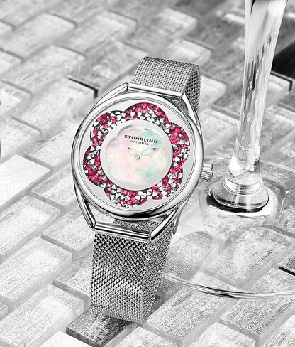 Stuhrling Original Womens Watches with Mother of Pearl Dial with Crystal Flower Ring - Analog Dress Watch 995 Lily Wrist Watches for Women - Ladies Watch Collection in Saudi Arabia
