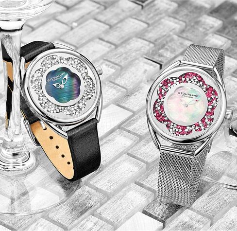 Stuhrling Original Womens Watches with Mother of Pearl Dial with Crystal Flower Ring - Analog Dress Watch 995 Lily Wrist Watches for Women - Ladies Watch Collection in Saudi Arabia