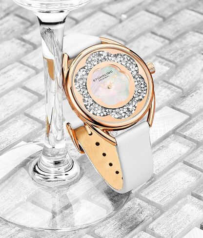 Stuhrling Original Womens Watches with Mother of Pearl Dial with Crystal Flower Ring - Analog Dress Watch 995 Lily Wrist Watches for Women - Ladies Watch Collection in Saudi Arabia