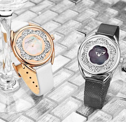 Stuhrling Original Womens Watches with Mother of Pearl Dial with Crystal Flower Ring - Analog Dress Watch 995 Lily Wrist Watches for Women - Ladies Watch Collection in Saudi Arabia