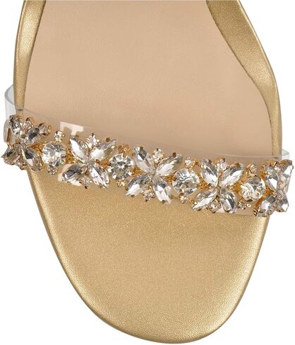 صنادل Yolkomo النسائية بكعب مكتنز شفاف وحجر الراين ذهبي وشريط للكاحل مفتوح من الأمام وكعب متوسط ​​وكعب متوسط ​​لحفلات الزفاف وكعب من الأكريليك مقاس 7 in Kuwait