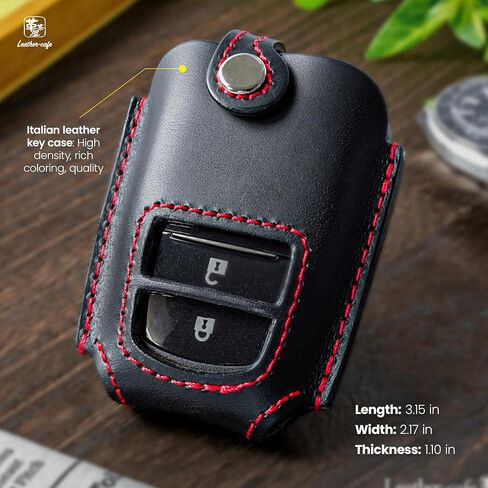 حافظة مفاتيح السيارة من الجلد الإيطالي الفاخر من Leather-cafe متوافقة مع Toyota GR Yaris وCorolla، ملحقات ذكية للتحكم عن بعد مزودة بزرين (أسود) in Saudi Arabia