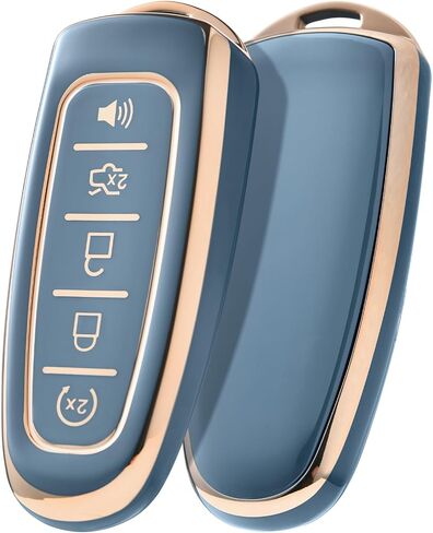 غطاء ELOHEI Key Fob لسيارة Ford C-Max Edge Escape Expedition Explorer Flex Focus Taurus Lincoln MKS MKT MKX Premium Soft TPU 360 درجة حافظة مفاتيح حماية كاملة (حافة ذهبية رمادية) in Kuwait