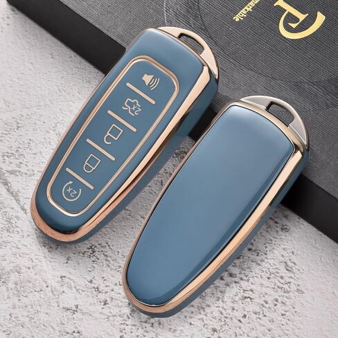 غطاء ELOHEI Key Fob لسيارة Ford C-Max Edge Escape Expedition Explorer Flex Focus Taurus Lincoln MKS MKT MKX Premium Soft TPU 360 درجة حافظة مفاتيح حماية كاملة (حافة ذهبية رمادية) in Kuwait