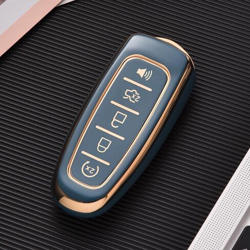 غطاء ELOHEI Key Fob لسيارة Ford C-Max Edge Escape Expedition Explorer Flex Focus Taurus Lincoln MKS MKT MKX Premium Soft TPU 360 درجة حافظة مفاتيح حماية كاملة (حافة ذهبية رمادية) in Kuwait