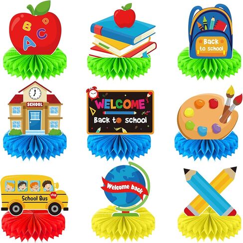 9 Pieces Back to School Party Table Decorations First Day of School Table Centerpieces School Bus Honeycomb Centerpiece Table Topper Welcome Back to School Party Supplies for Home Classroom Decoration in Saudi Arabia