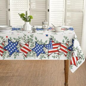 Horaldaily 4th of July Tablecloth 52x70 Inch, Patriotic Eucalyptus Star Independence Day Memorial Day Table Cover for Party Picnic Dinner Decor