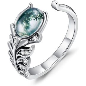 PROESS Moss Agate Ring for Women 925 Sterling Silver Feather Ring Engagement Promise Adjustable Rings Jewelry Gifts