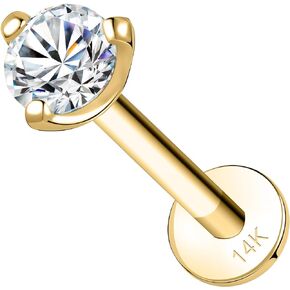 14K Real Gold Lip Rings Stud, 16g Internally Thread Ashley Piercing Lip Jewelry, Moissanite - 2.5mm 3mm, 18g Nose Conch Helix Tragus Labret Stud for Women Men