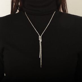 Sither Long Rhinestone Y Necklace for Women Dainty Crystal Necklace Sweater Chain Necklace Wedding Dressy Necklace Silver Jewelry for Winter Evening Party Christmas Gift