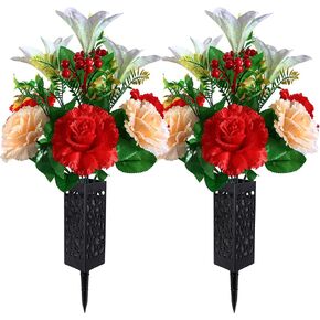 Cemetery Headstone Flower Saddle -Outdoor Grave Decorations ，Mixed Saddle of Artificial Silk Rose and Lily for Tombstones (red, Saddle)