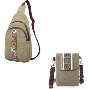 SILKAREA Embroidered Canvas Small Crossbody bags Sling Backpack Purse for Women Travel Chest Bag Crossbody Backpack Shoulder Bag