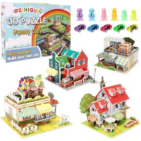 3D Puzzles for Kids with 4 House Building Kit, 3D Cartoon Paper Puzzles Toy City with 5 Cars, 6 Dolls and a Map, Cardboard Building Kit STEM Toys for Girls Boys 8-12 Birthday