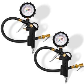 2 Pieces Tire Inflator Deflator Air Pressure Gauge with Rubber Hose 220 PSI Pressure Gauge Air Chuck, 2.8 Inch Dial and Straight Brass Lock on Chuck for RV Car Motorcycle Bike Attachment