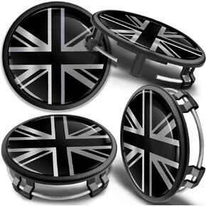 SkinoEu 4 x 75mm Wheel Centre Alloy Hub Center Caps Compatible with B66470207 / B66470200 Hubcaps Car Tuning Black Silver UK Union Jack Flag cm 29