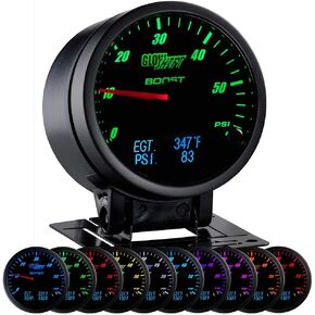 GlowShift 3in1 Analog 60 PSI Boost Gauge Kit with Digital 2200 F Pyrometer Exhaust Gas Temperature EGT & 150 PSI Pressure Readings - 10 Selectable LED Colors - Black Dial - Clear Lens - 2-3/8" 60mm