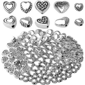 140pcs Antique Silver Heart Shape Spacers Alloy European Style Heart Beads Charms Spacer Bead Jewelry Heart Charms for DIY Bracelet Jewelry Making, 5 Sizes