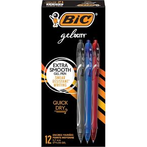 BIC Gelocity Quick Dry Assorted Colors Gel Pens, Medium Point (0.7mm), 12-Count Pack, Retractable Gel Pens With Comfortable Full Grip
