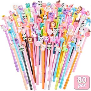 Marspark 80 Pcs Cute Pens Bulk Cartoon Dinosaur Pens for Kids Black Ink Cool Pencils for Kid Assorted Style Cartoon Rollerball Novelty Stationery Office Back to School Gifts Student Prizes