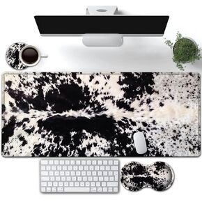 Large Gaming Mouse Pad, Extended Waterproof Desk Pad Protector (31.5" x 11.8") Ergonomics Memory Foam Mouse Wrist Rest Support, for Home Office Laptop Easy Typing, Black & White Cowhide Fur Mouse Mat