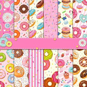 VIVIQUEN 24 Pack Sweet Donut Pattern Double-Sided Paper, 12-inches Pink Cakes Textured Scrapbook Paper Craft Paper Folded Flat for DIY Background Card Making Scrapbook Photo Album Decor