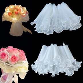 caichuxiye 2PCS 6.5 Yard Pearl Mesh for Bouquets,Glow in the Dark Bouquet Paper,Pearl Wave Yarn Flower Wrapping Paper Material,LED Bouquet Wrapping Paper,Ruffle Yarn,Florist Supplies, (White)