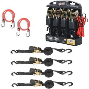ROAD DAWG ATRTD1009D-1 Torin 15-Foot Ratchet Tie Down Straps with 1500 lbs Break Strength, Safety Lock S-Hooks, and 4 Soft Loops for Moving Cargo, Appliances, Lawn Equipment - Black, Pack of 4