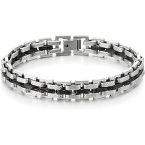 COOLSTEELANDBEYOND Mens Bracelet of Stainless Steel Silver Black Two-Tone Textured Braided Link Chain
