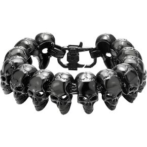 Large Skull Head Beads Stainless Steel Bracelet, Skull Beads Punk Gothic Link Cuff for Men and Women - Gold Silver Black