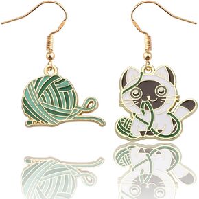 CENWA Cat and Yarn Dangle Earrings Cat Playing with Yarn Ball Earrings Gifts for Cat Lovers and Knitters