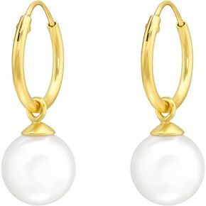 925 Sterling Silver Dangling Faux Pearl 12mm Hoop Earrings, Sold as a Pair