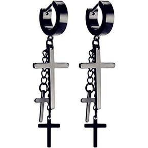 Cross Tassel Huggie Hoop Earrings Stainless Steel Gothic Punk Cool Layered Triple Cross Chain Fringe Religious Long Hinged Dangle Drop Earrings for Men Women Boys Girls Unisex Hip Hop Fashion Jewelry Gifts