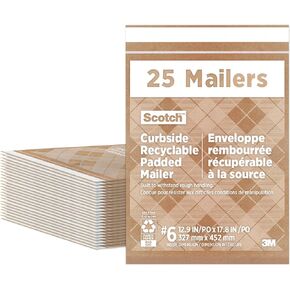 Scotch Curbside Recyclable Padded Mailers, 25 Pack, 12.5 x 17.5 in, Similar impact protection to traditional bubble mailers (CR-6-25), Brown