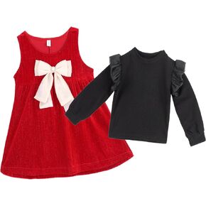 2 Pack Girls Party Dress Set Elegant Bow Princess Dress and Warm Long Sleeve Top for Fall/Winter