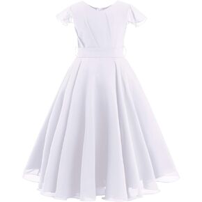 IWEMEK Chiffon Flower Girl Dresses Cap Sleeves Long Dress Wedding Pageant Bridesmaid Ball Gowns Floor Length Dress with Belt