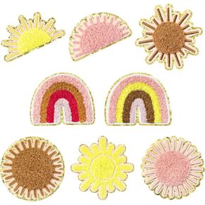 8Pcs Boho Sun Rainbow Chenille Patches Retro Bohemian Groovy Hippie Aesthetic Sew/Iron On Embroidered Applique Vintage Summer Sunshine Decorative DIY Crafts Gift for Clothes Jacket Backpack Hat