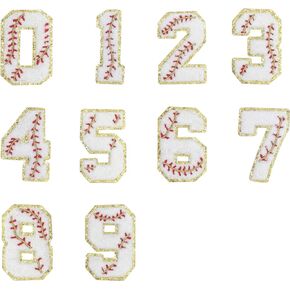 10pcs (0-9) Varsity Baseball Chenille Patches, 2.9" Gold Embroidery Stitch Baseball Peel-to-Stick Applique Patch, Sewing On Embellishments for Letterman Jacket Backpack Jeans