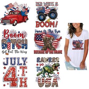 Patriotic Iron on Transfers Stickers 4th of July Iron on Patches Appliques with American Flag Car Letters Design Independent Day Heat Transfers Vinyl Decals for Clothes Bag DIY Decorations 6pcs