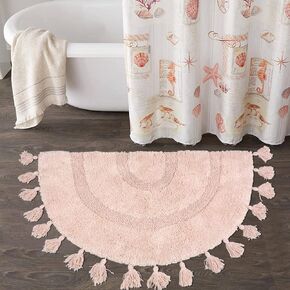 Boho Bathroom Rug Half Circle Cotton Bath Mat with Tassels Hand-Woven Bohemian Rugs with Rug Non Slip Pad Washable Bath Rugs for Bathroom, Shower, Tub 20"x32", Half-Circle Cream