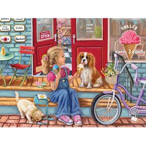 Bits and Pieces - 1000 Piece Jigsaw Puzzle for Adults 20" X 27" - Payday Cones - 1000 pc Outdoor Summer Time Girl Dog Ice Cream Bike Shop Cat Jigsaw by Artist Brooke Faulder