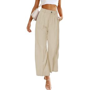GOTOTOP Women's Casual Wide Leg High Waisted Button Down Straight Long Trousers Pants