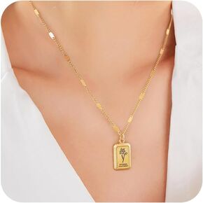 Birth Flower Necklace Women Girls - 18K Gold Plated Square Gold Pendant Necklace Birth Month Flower Dainty Floral Necklace Trendy Birth Flower Gold Jewelry for Women Birth Gifts