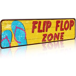 Summer Themed Flip Flop Zone Metal Sign - Tropical Wall Decor Beach Sign for Lake House, Sunroom or Covered Patio, 4 x 16 inch