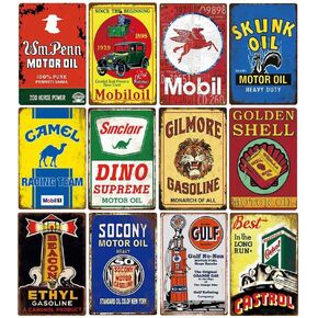 12 Pieces Reproduced Vintage Gas Oil Car Tin Signs, Home Bar Man Cave Garage Decor (buffalo)