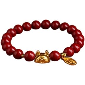 Mnyixsi Feng Shui Chinese Zodiac Dragon 8mm Cinnabar Bracelet Stretch Beaded Bracelets Vermilion Bracelet Transshipment Bead Bracelet for Wealth and Protection Good Luck Money Amulet Dark Red
